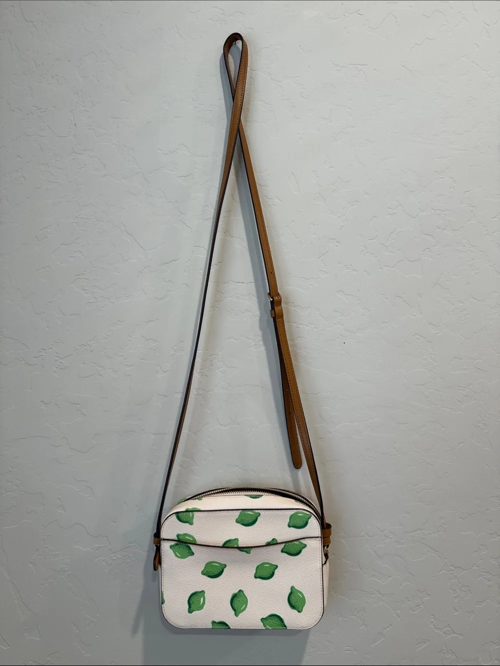 Coach Lime Print Crossbody Camera Bag White Leather Adjustable Strap NWOT